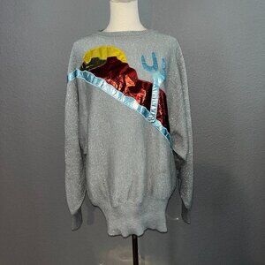 Vintage 80'S METALLIC AWARD DESIGN WESTERN APPAREL SILVER & LAME CACTUS DESIGN L